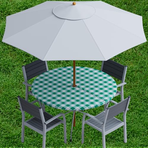 sorfey vinyl umbrella round fitted tablecloth cover, checkered design, flannel backed lining 36 inch, green