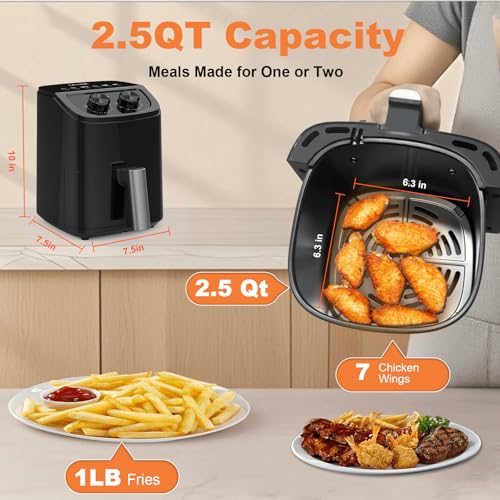 Image of OSTBA 2.5QT Small Air Fryer for 1-2 People, Compact Mini Air Fryer with Dual Knob Temperature & Timer Controls, 6 Cooking Guides, Space-Saving Design, Nonstick Dishwasher-Safe Basket