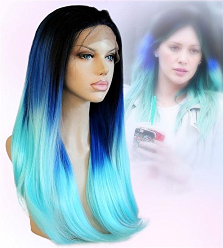 Cbwigs Soft Heat Resistant Long Natural Straight Synthetic Lace Front Wigs Ombre Blue Cosplay Party Daily Use Wig for Women