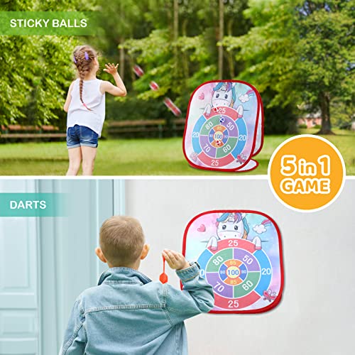 Bean Bag Toss Game Toys For Kids - 5 In 1 Unicorn/Animal Double-Sided Foldable Board Cornhole Ring Yard Party Games For Toddler Boys Girls Age 3 4 5 6 7 Years Old Birthday Gifts #TOP3