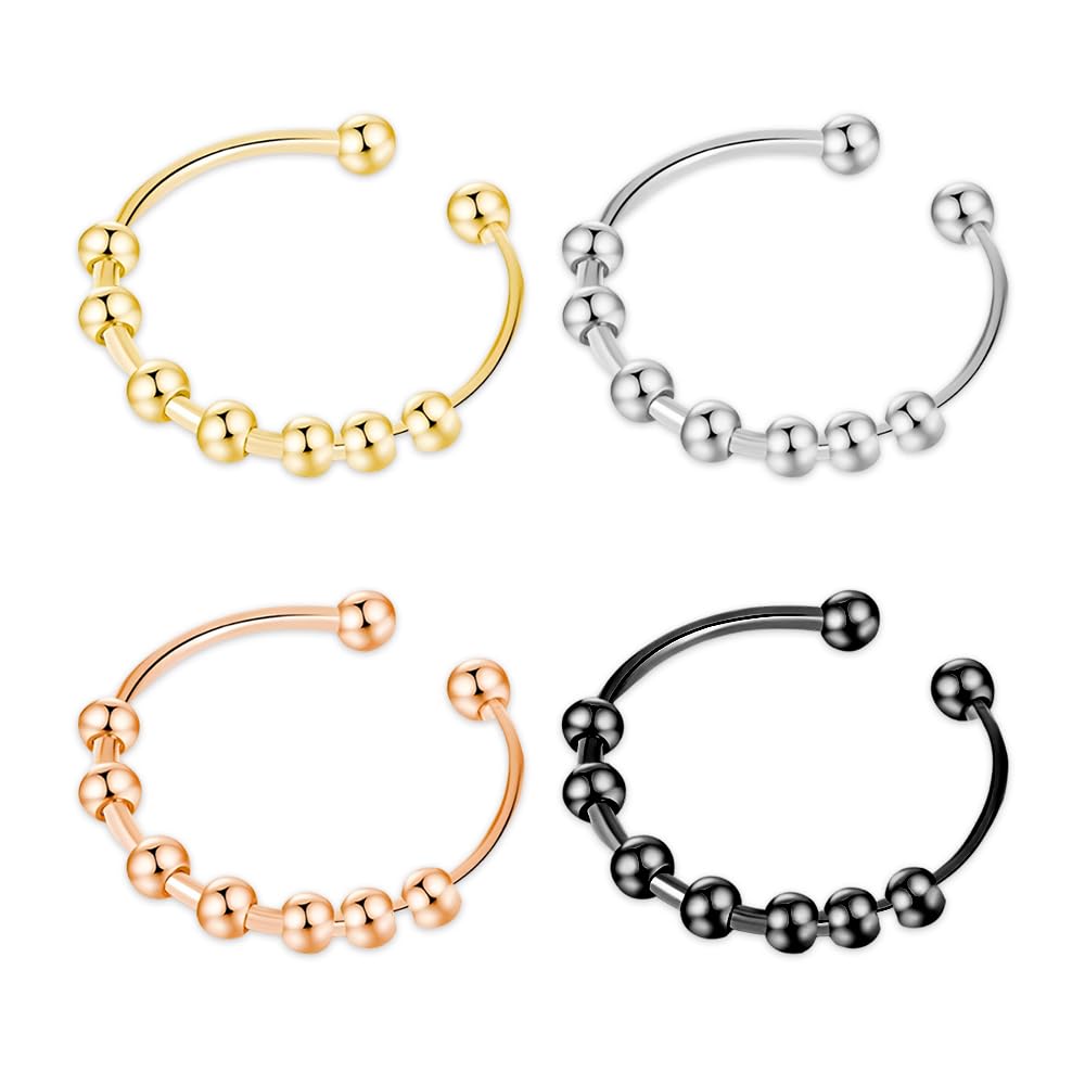 YZROHYI 4 stuks anti-stress ringen voor dames en heren, verstelbaar, roestvrij staal, angst ring, fidget-ring, draaibaar, verstelbaar, met parels, open ontspanningsringen voor mannen en vrouwen