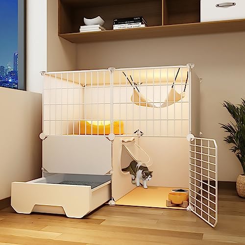 Cage pour chat intérieur grand enclos 2 niveaux niche avec bac litière