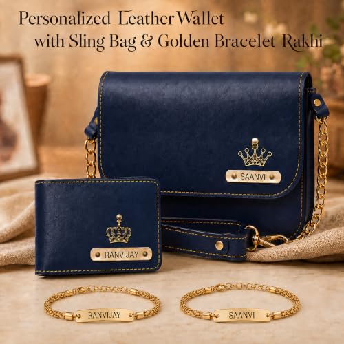 Image of SAVRI Personalized Rakshabandhan Gift for Bhaiya & Bhabhi | Customized Leather Wallet & Sling Bag with Name & Charm | Set of 2 Personalized Chain Rakhis with Name | Couple Gift for Anniversary & Rakhi