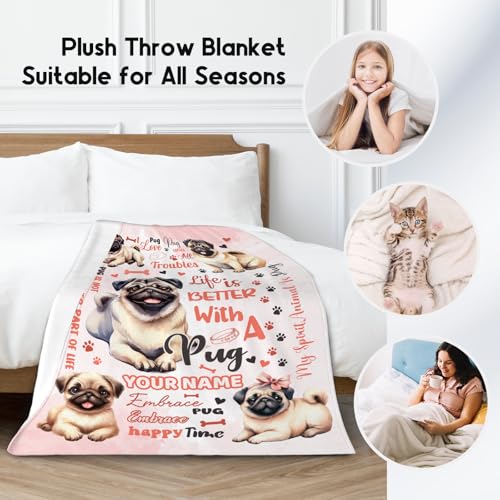Custom Pug Blanket, Pug Lovers Gift, Cute Soft Throw Gifts for Girls Boys Women, Cozy Flannel Throw Blankets for Couch Sofa, 30"x40"