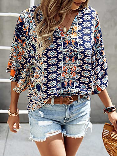 SOLY HUX Women's Boho Print V Neck 3/4 Bell Sleeve Button Front Summer Blouse Top4