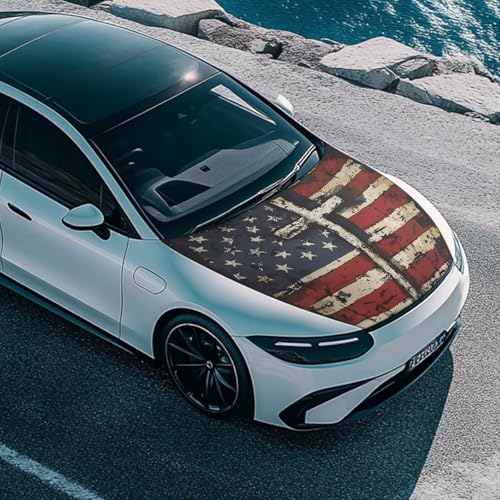 Image of Cross Car Hood Cover Patriotic American Flag Car Front Hood Cover with Elastic Band Universal Car Bonnet Banner Auto Accessory Universal Fit for Most Cars Sedans, 4th of July