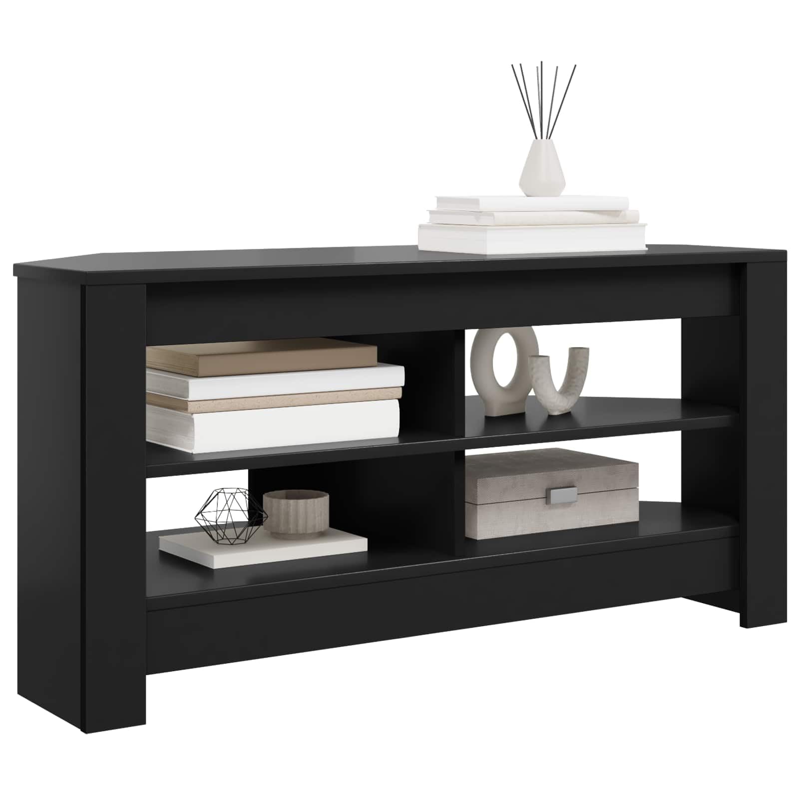 Mobile porta TV angolare nero in legno ingegnerizzato moderno 102 x 41 x 50 cm con ripiani multipli per soggiorno, supporto stabile e design funzionale