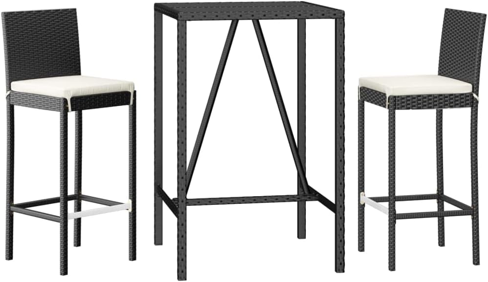 3-Piece Outdoor Bar Set with Tempered Glass Top and Stylish Dining, Black and Cream White Bar Table with Two Stairs for Patio Balcony Garden