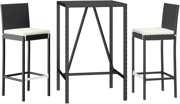 vidaXL 3 Piece Patio Bar Set with Cushions Black Poly Rattan