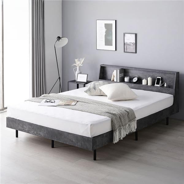 ベッド シングル 2層ポケットコイルマットレス付き ストーングレー 低床 照明 棚付 宮付 コンセント すのこ ベッド シングル 2層ポケットコイルマットレス付き ストーングレー 低