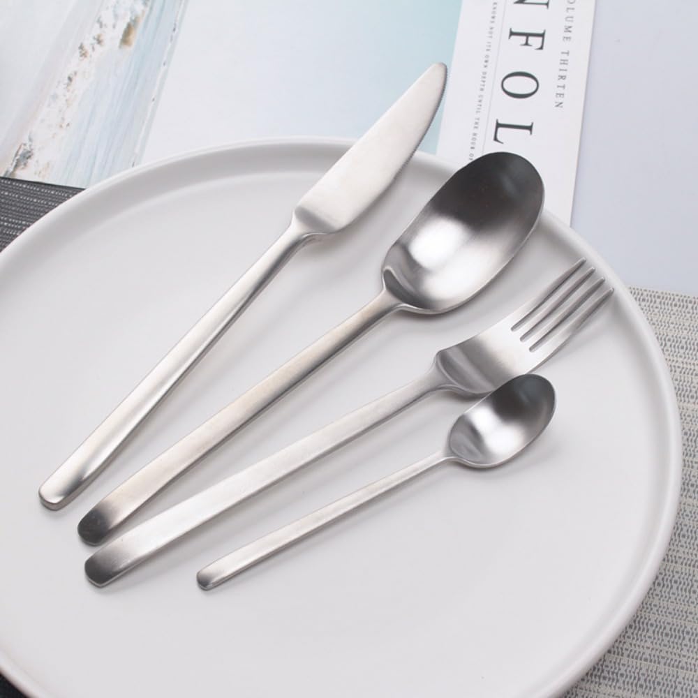 Juego de cubiertos, juego de cubiertos de acero inoxidable, plástico transparente, juego de cuchara, cuchillo y tenedor, 16 piezas, mango esmerilado mate, cubiertos de cocina de acero inoxidable, cubi