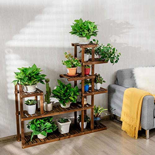 Giantex Flower Rack Wood Plant Stand Wood Shelves Bonsai Display Shelf Indoor Outdoor Yard Garden Patio Multifunctional Storage Rack Bookshelf W/Hollow-Out Rack (47.5’’Lx 10’’Wx 47.5’’H (7 Tier)) #TOP1