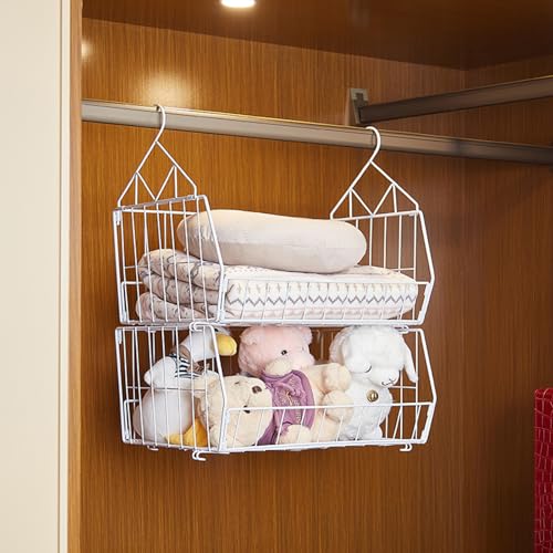 吊り下げバスケット ワイヤーバスケット 折り畳み式 2層 シェルフバスケット セット 大容量 クローゼット キッチン収納 衣類分類かご 大容量 バスルームバスケット 風呂用吊り下げ 鉄製収納かご 台面整理 本置き 野菜 果物 間食いラック 水切り リビング