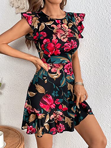 Image of Shasmi Girl's & Women's Floral Print Cap Sleeve Ruffle Trim Short Dress Summer Boho One Piece Mini Dress for Women Stylish Dresses (Midi 170)