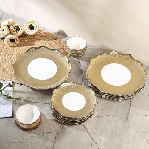 Image of Timeless Elegance Dinner Set, White & Gold, 18 Piece | Gold Plated, Porcelain Crockery with Scalloped Rim, For 6 People, 6 Dinner Plates, 6 Quarter Plates & 6 Veg Bowls, DSS04