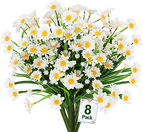 TURNMEON 8 Bundles Daisy (376 Head) Artificial Flowers Outdoor Summer Decor UV Resistant Fake Flowers Faux Plastic Greenery Shrub Plant for Indoor Garden Home Porch Box Spring Décor(White)