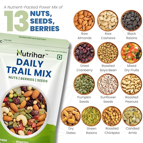 Image of Nutrihar Daily Trail Mix 250g | 13 Mixed Dry Fruits, Nuts, Seeds, Raisins in 1 Pack | Low Calorie Mixed Nuts & Seeds