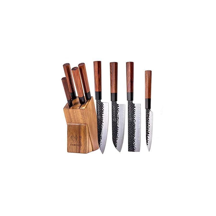 FAMCUTE-Japanese-Chef-Knife-Set-3-Layer-9CR18MOV-Clad-Steel-woctagon-Handle-and-Block-Wooden-Holder-for-4Piece-Kitchen-Knife-Set-8-Gyuto-Knife-7-Nakiri-Knife-7-Santoku-knife-5-Utility-knife FAMCÜTE Japanese Chef Knife Set, 5 Layer 9CR18MOV Clad Steel w/Rosewood Handle and Block Wooden Holder for 5 Pcs Kitchen Knife Set (8” Chef Knife, 7” Nakiri Knife, 7” Santoku knife, 5” Paring knife)