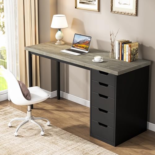Image of Tribesigns Computer Desk with 5 Drawers, 47 inches Rustic Brown Home Office Desk with Storage, Modern Simple Laptop Desk Study Writing Table for Small Spaces (1, Grey+Black)