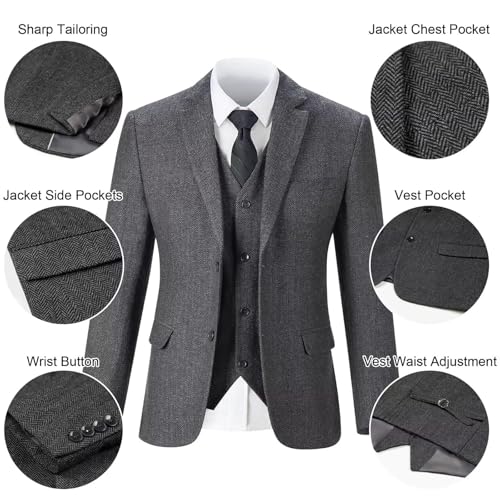 Mens 3 Piece Retro Tweed Herringbone Suits Formal Regular Fit Autumn Winter Blazer Vest Pants for Wedding Grooms Prom3