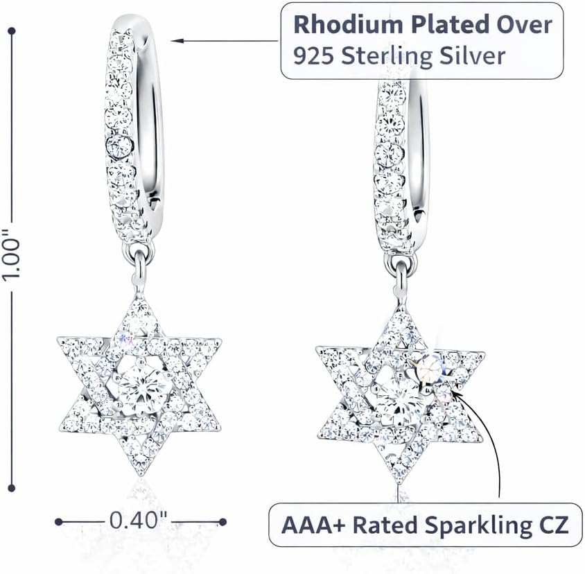 925 Sterling Silver CZ Huggie Dangle Star of David Earrings for Women