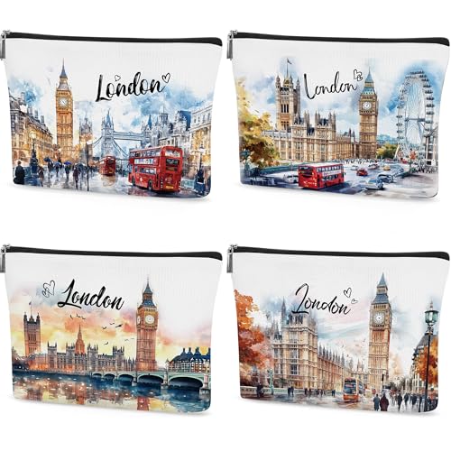 London Souvenir Gift Cosmetic Bag Set - 4 PCS British Travel Make Up Pouches, Watercolour Toiletry Bags for Women & Girls, Friends & Family