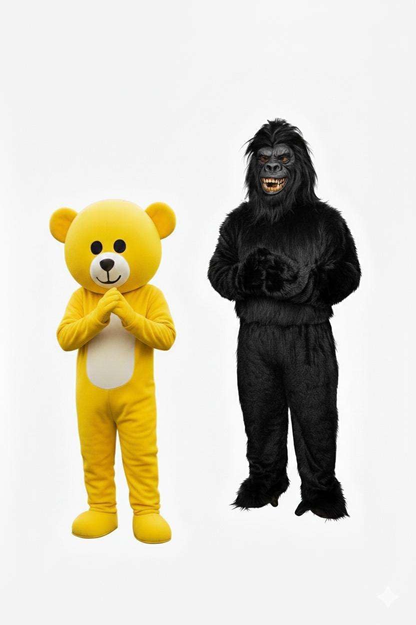 Mascot Combo Set of 2 | Black Gorilla & Cute Yellow Teddy Full Body Suit with Dress, Gloves & Shoes | 5.8 Feet Adult Size | Party, Birthday, Event & Halloween Prank Costume
