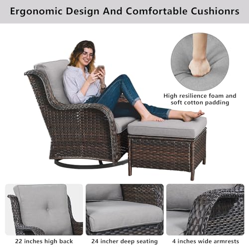Belord Wicker Outdoor Furniture Patio Furniture Set - 6 Piece Patio Conversation Set with Swivel Rocker Chairs, Rattan Sofa, Ottomans and Coffee Table, Gray Cushion - Thumbnail 4