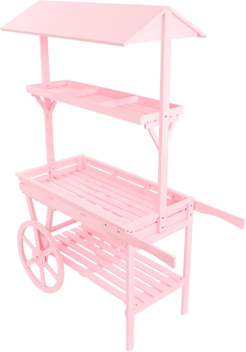 Cashewnuts Wooden Flower Cart Display Stand with Wheels (Pink) | 3 Tier Candy Cart Display Stand Vintage Rolling Cart for Candy Dessert Market Booth, Party Display, Coffee Bar & Event Decor