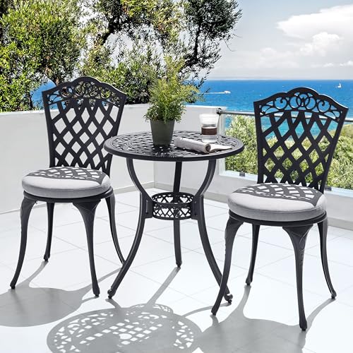 Image of NUU GARDEN 3-Piece Patio Bistro Set Outdoor Cast Aluminum Bistro Table and Chairs Set of 2, Outdoor Patio Bistro Set with Umbrella Hole and Gray Cushions for Patio and Balcony, Black