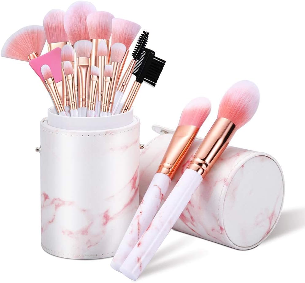 Pink Marble 16pcs Makeup Brushes With Make up Brush Holder