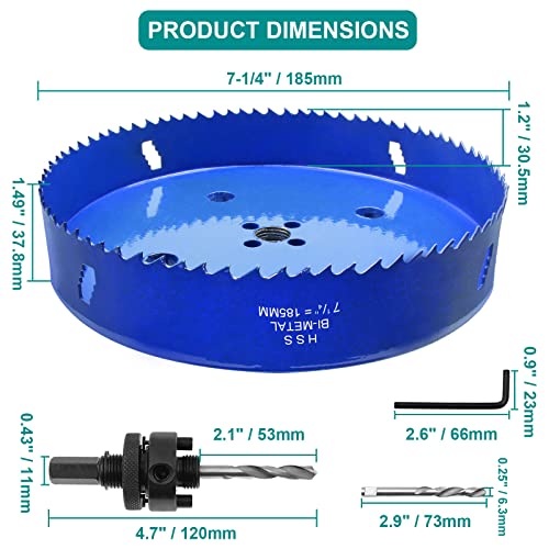 Image of 7-1 /4 Inch Hole Saw with Arbor, 1.2 Inch Cutting Depth | Heavy Duty, HSS Bi-Metal, For Wood Cornhole Boards Plastic Drywall & Thin Metal, Smoothly Cutting