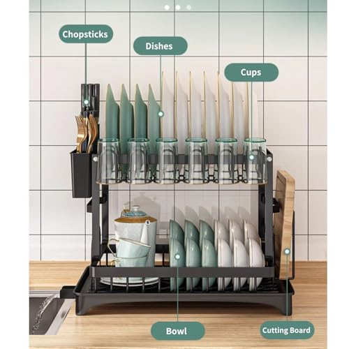 Image of Black 2 Tier Foldable Dish Drainer Rack - Stainless Steel, Large Rustproof for Kitchen Counter With Utensil Holder, Cup Holder and Drip Tray