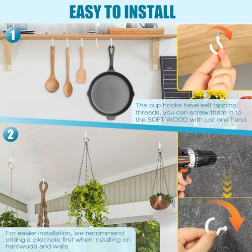 110pcs premium screw hooks 5 sizes white vinyl coated cup hook from12 in small hooks to 1-12 in ceiling hooks heavy duty screw in hooks for hanging plants string lights