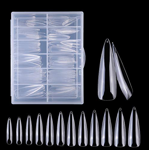 XXL Long Stiletto Nails Clear Fake Nails, Misssix 240 PCS Full Cover Stiletto Shaped False Nail Nail Tips with Box, Full Cover Nails Fake Press on Salon, 12 size (Clear)