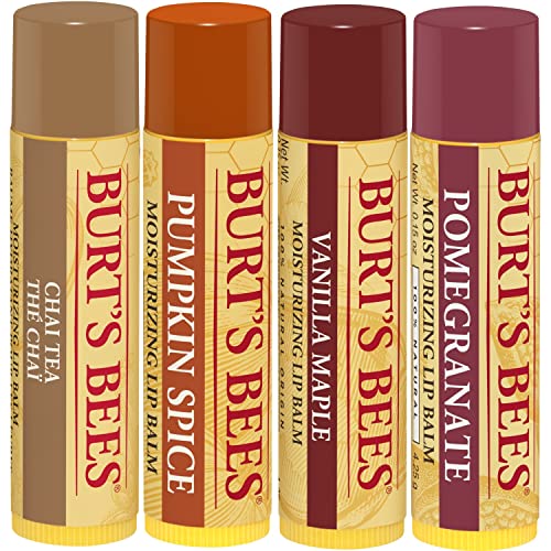 Image of Burts Bees 100% Natural Moisturizing Lip Balm, Winter Variety Pack, Chai Tea, Pumpkin Spice, Vanilla Maple, Pomegranate, 4 Tubes of Lip Balm, 0.15 Ounce (Pack of 4)