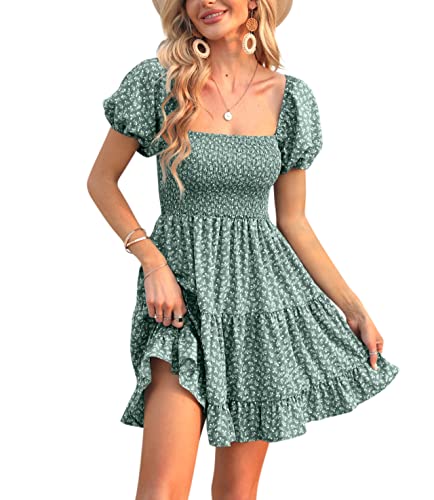 Image of Veatzaer Women's Puff Sleeve Square Neck Smocked Babydoll Dress Boho Floral Print Off Shoulder Ruffle Mini Short Dress