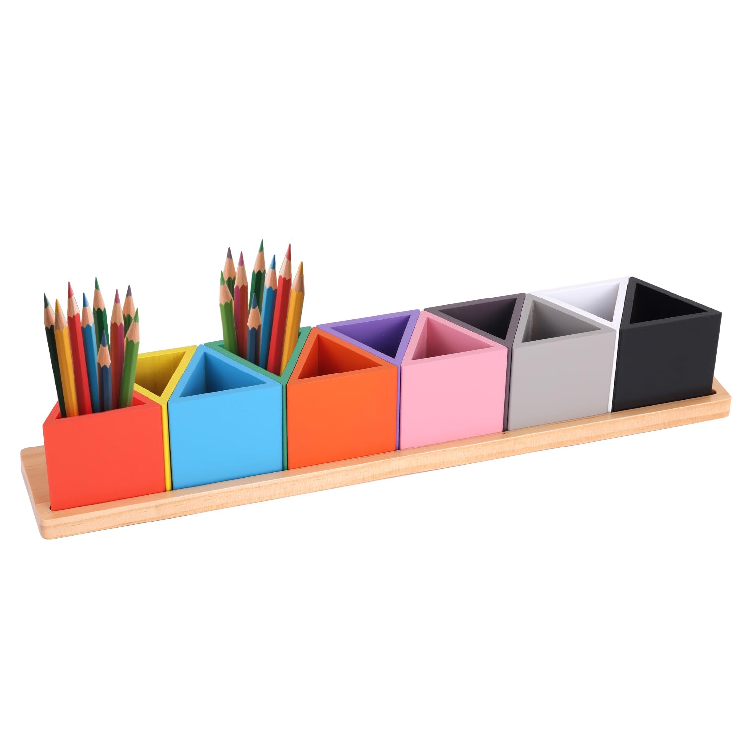 Diegimr Wooden Colored Pencil Holder, Desk Wood Coloured Pencil Holder with 11 Movable Compartments Pen Cups Holders Montessori Crayon Organiser for Desk Office Home Supply