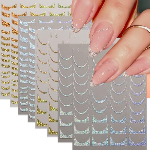 8 Sheets French Tip Nail Art Stickers 3D Self-Adhesive Gold