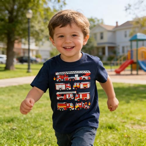 Funnycokid Toddler Boys Shirts 2T 3T T-Shirts Tops Tees Graphic Short Sleeve Little Kids Navy Blue Firetruck 2-3 Years — view 2