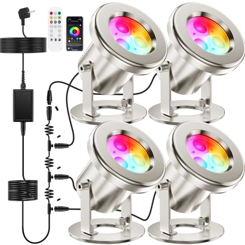 OSREE All-in-One Eclairage Bassin LED Acier Inoxydable SS316, RGB Lampe de Bassin Extensible avec Câble de 12M, Spot Bassin IP68 pour Bassin, Cascade,...