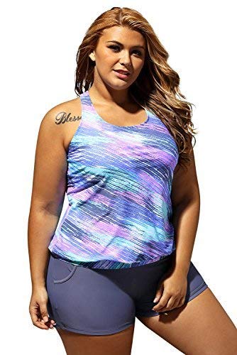 SMUDGE Life Women s Stripes Print Blouson Tankini Set Two Piece Swimsuit,Blue(US 18-20) XXL