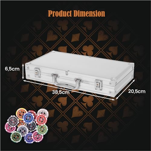 HOMASIS Pokerset mit 300 Chips, Alu Pokerkoffer mit 2 Kartendecks, 5 Würfeln, 1 Dealer Button, Poker Koffer abschließbar, Poker Set Pokerkarten für Texas Hold'em (300 Chips, Silber) – Bild 6
