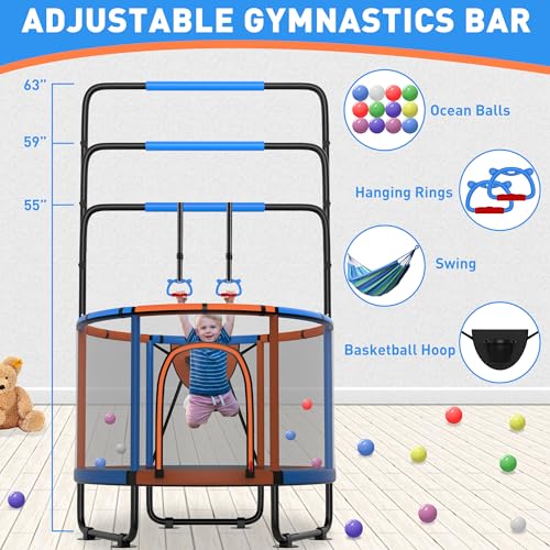 Trampoline for Kids 600LBS 4.5FT 5FT 5.5FT Toddler Indoor Outdoor with Safety Net, Swing, Adjustable Bar, 54'' 66'' Mini Small Trampoline with Basketball Hoop