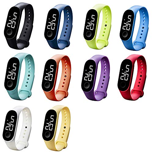 CdyBox 10 Pack 50 Meters Waterproof Led Digital Touch Screen Sport Watch Silicone Women Men Wristwatch (10 Pack White)