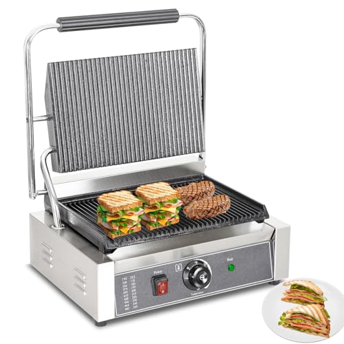 CTJ Commercial Panini Press Stainless Steel Electric Sandwich Panini Maker 2200W Countertop Panini Grill Press with Grooved Top & Temp Control for Sandwich Hamburger Steak Bacon