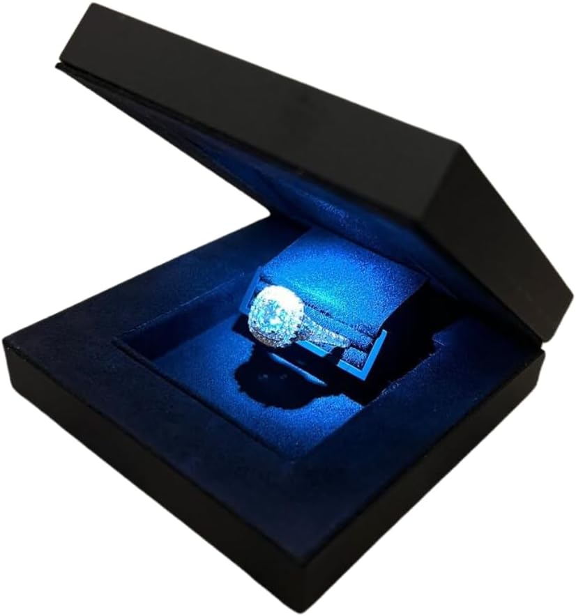 YJCBOX Ultra Slim Deluxe Hidden Proposal Engagement Ring Box with LED Light Black