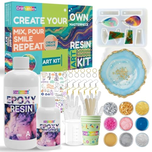 Image of Craftables Resin Art Kit for Beginners & Adults | 200g Clear Epoxy Resin with Earring & Agate Coaster Moulds, Glitters, Pigments, Stickers & Tools | DIY Jewelry & Coaster Making Set