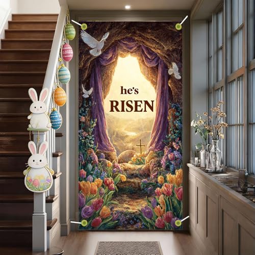 Image of Easter Door Cover 35.43 x 70.87 Inch Sunlit Floral Cave Entrance with Spring Landscape Draped Fabric Tulips and Doves Ideal for Seasonal Home Decoration and Easter Themed Door Display