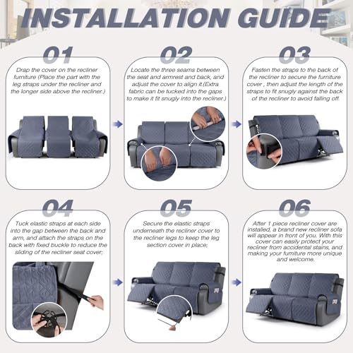 Image of TAOCOCO 100% Waterproof Recliner Covers, Recliner Sofa Covers with Leg Straps, Reversible Recliner Couch Cover for Reclining Chair, Washable Couch Protector for Pets Kids(3 Seater, Bluish Gray)